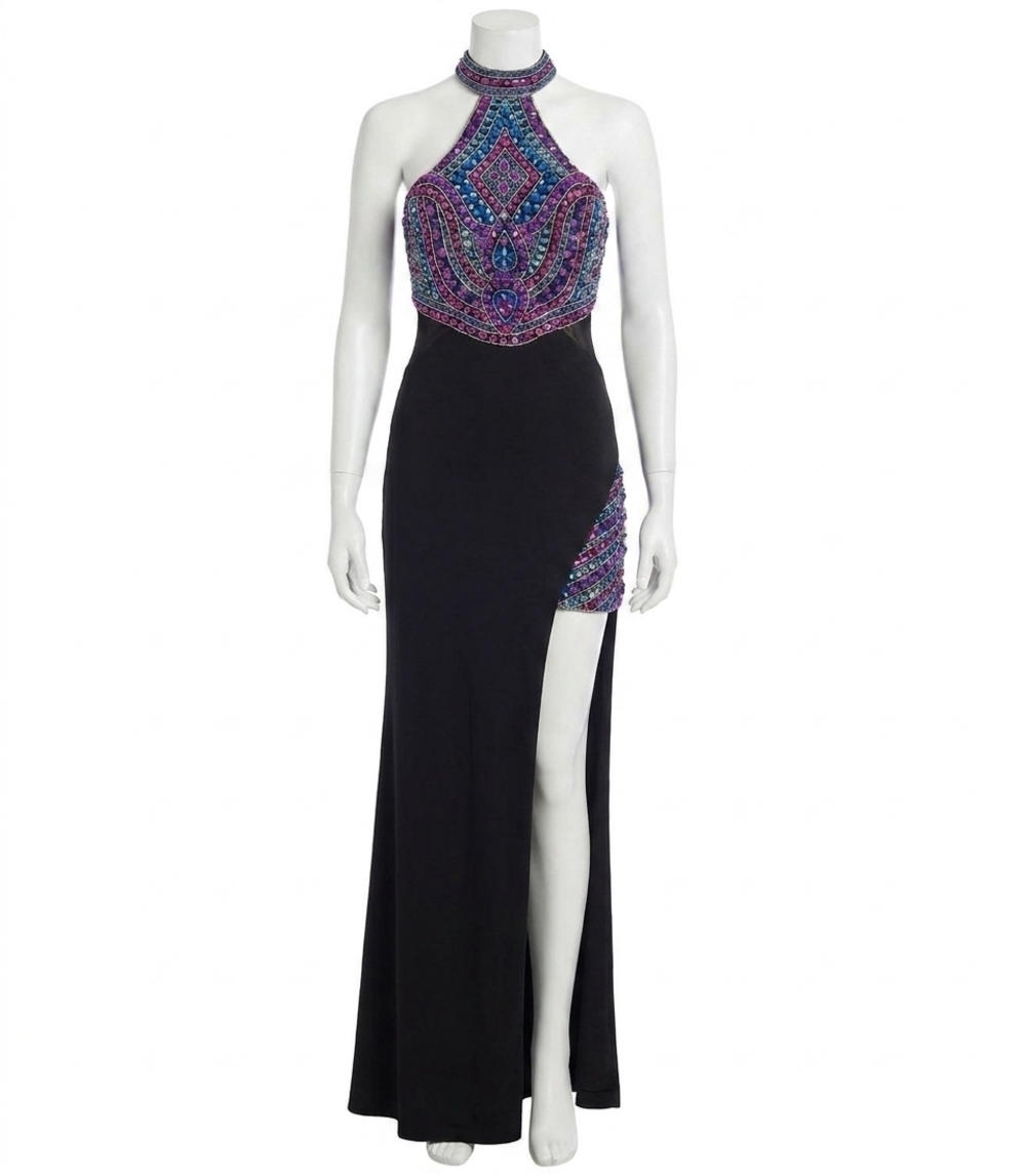 NEW RACHEL ALLAN beaded jersey halter neck prom gown in black